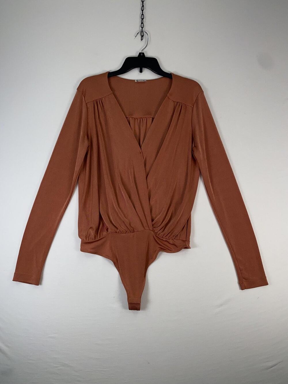 Free People Bodysuit Womens Small Brown Long Sleeve Plunge Surplice Stretch